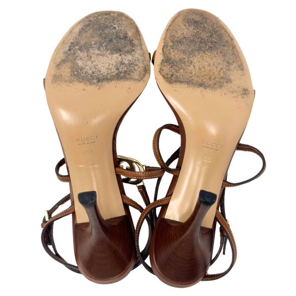 Gucci GG Logo White Gold Cognac Tan Brown Leather Strappy Heels Sandals US 8 - Picture 10 of 10